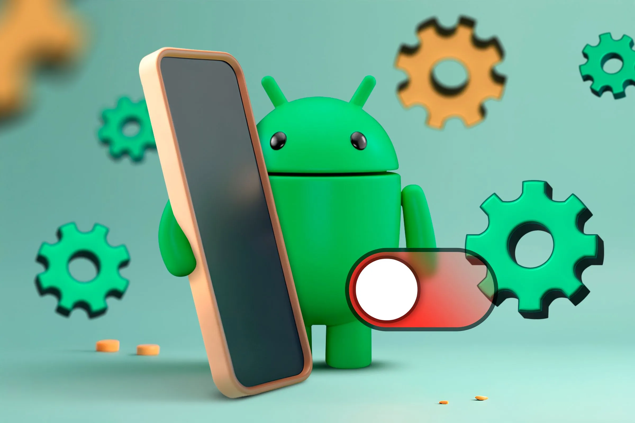 Linh vật Android bên cạnh điện thoại di động, bao quanh bởi các biểu tượng cài đặt và công tắc bật/tắt