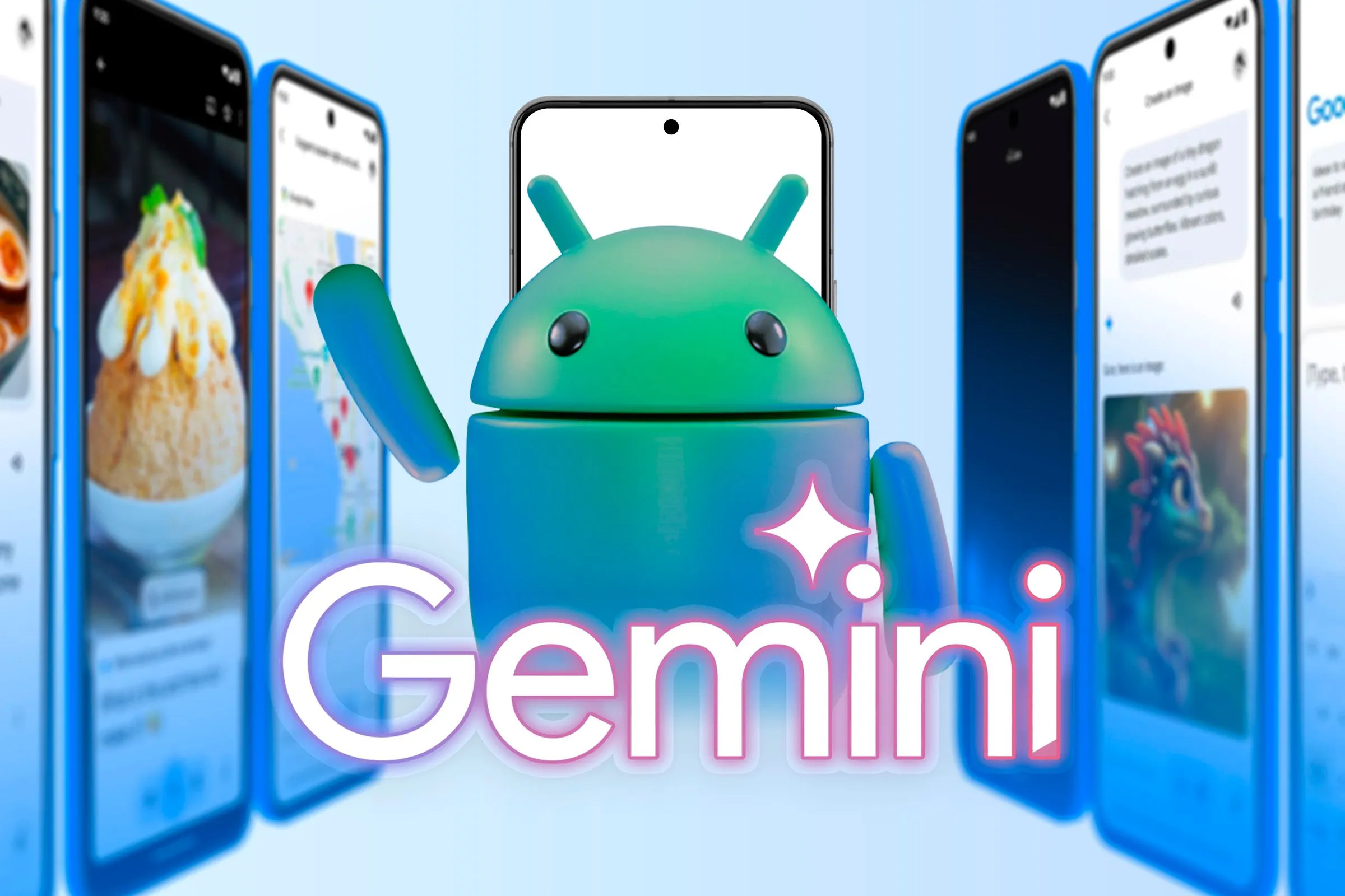 Linh vật Android và logo Gemini minh họa khả năng AI của Google trên điện thoại.