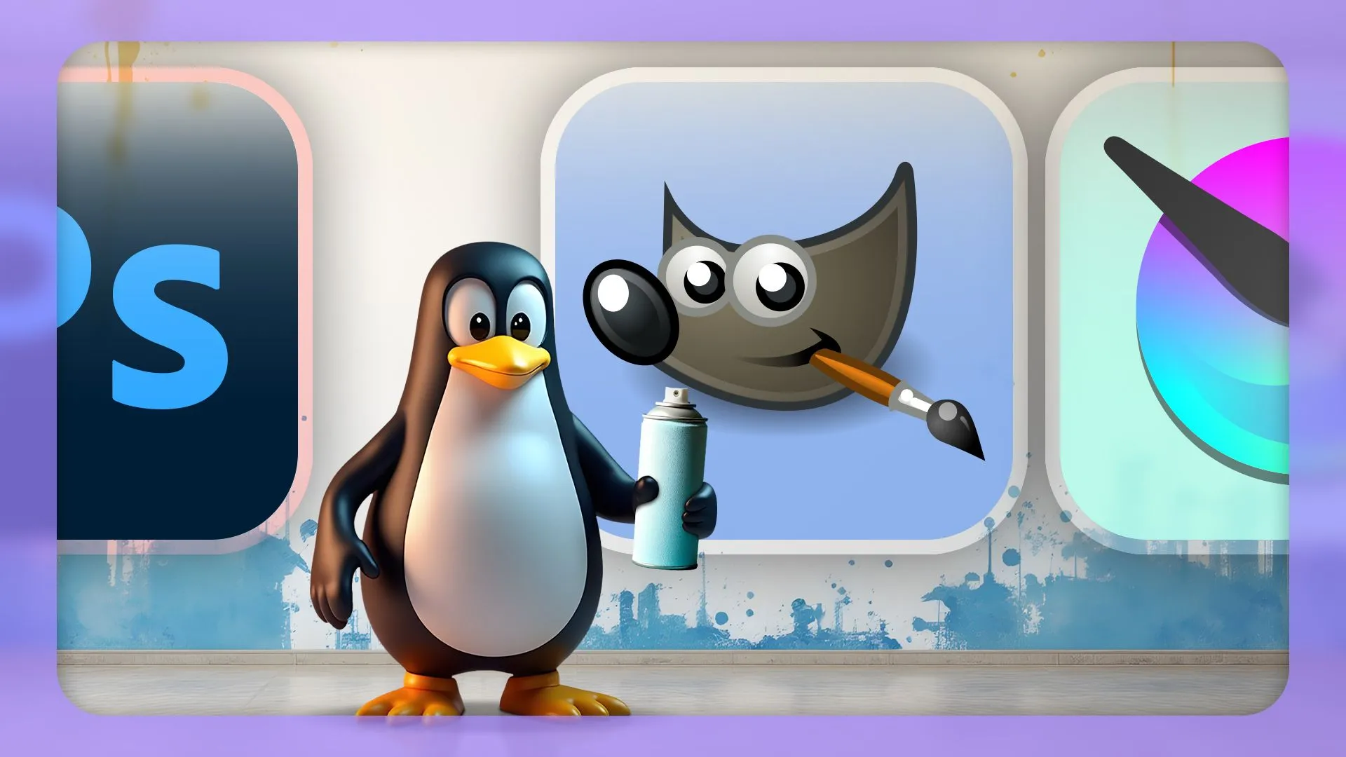 Linh vật Linux đang cầm bình xịt, với logo Photoshop và GIMP, tượng trưng cho GIMP là giải pháp thay thế Photoshop trên Linux.