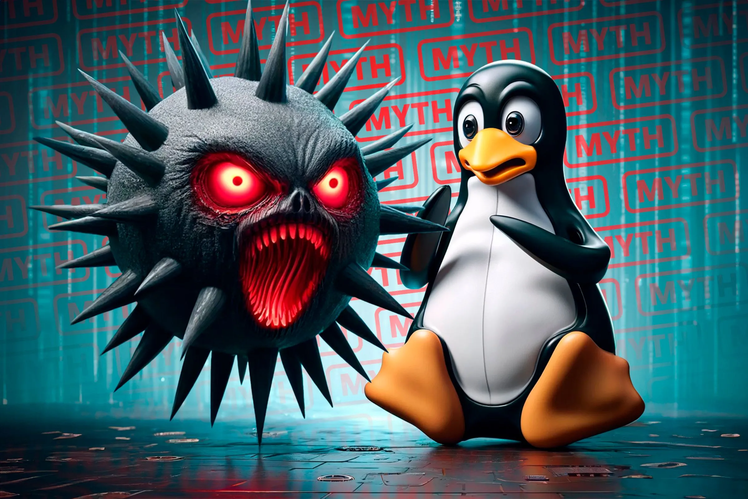 Linh vật Tux của Linux với biểu cảm lo lắng khi nhìn thấy virus, liên quan đến những lầm tưởng về bảo mật và khả năng tương thích của Linux.