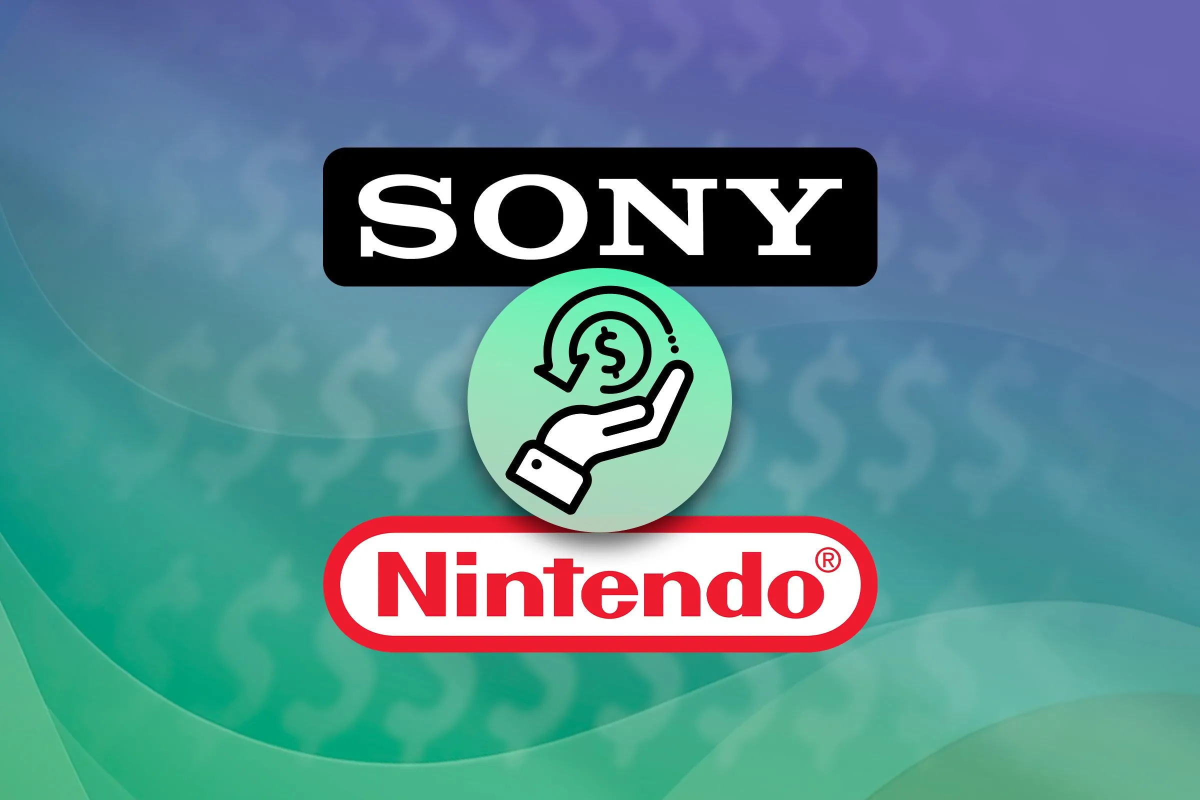 Logo của Sony ở trên và Nintendo ở dưới, với biểu tượng hoàn tiền ở giữa, nhấn mạnh vấn đề về chính sách hoàn tiền không linh hoạt trên các nền tảng game console.