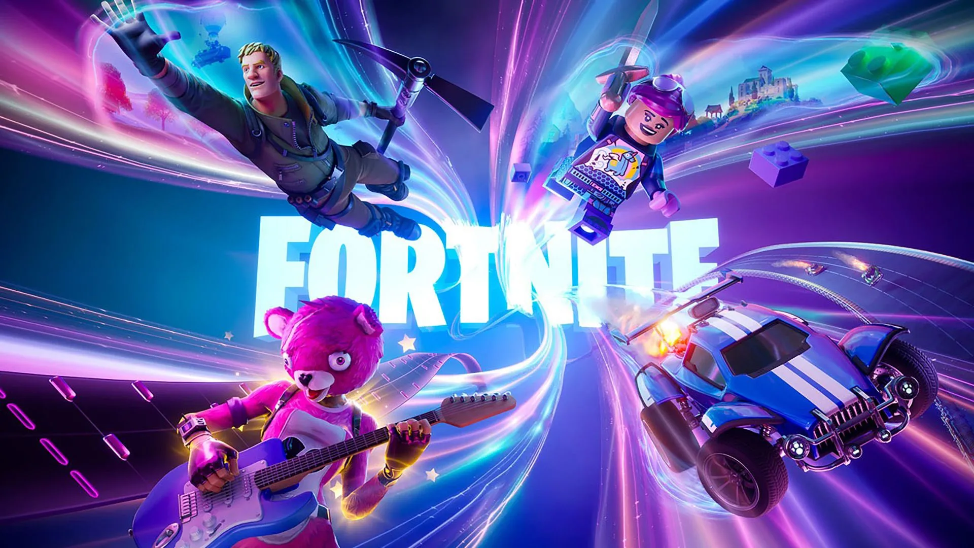 Logo Fortnite với các nhân vật nổi bật xung quanh, biểu tượng của nền kinh tế sáng tạo trong metaverse.