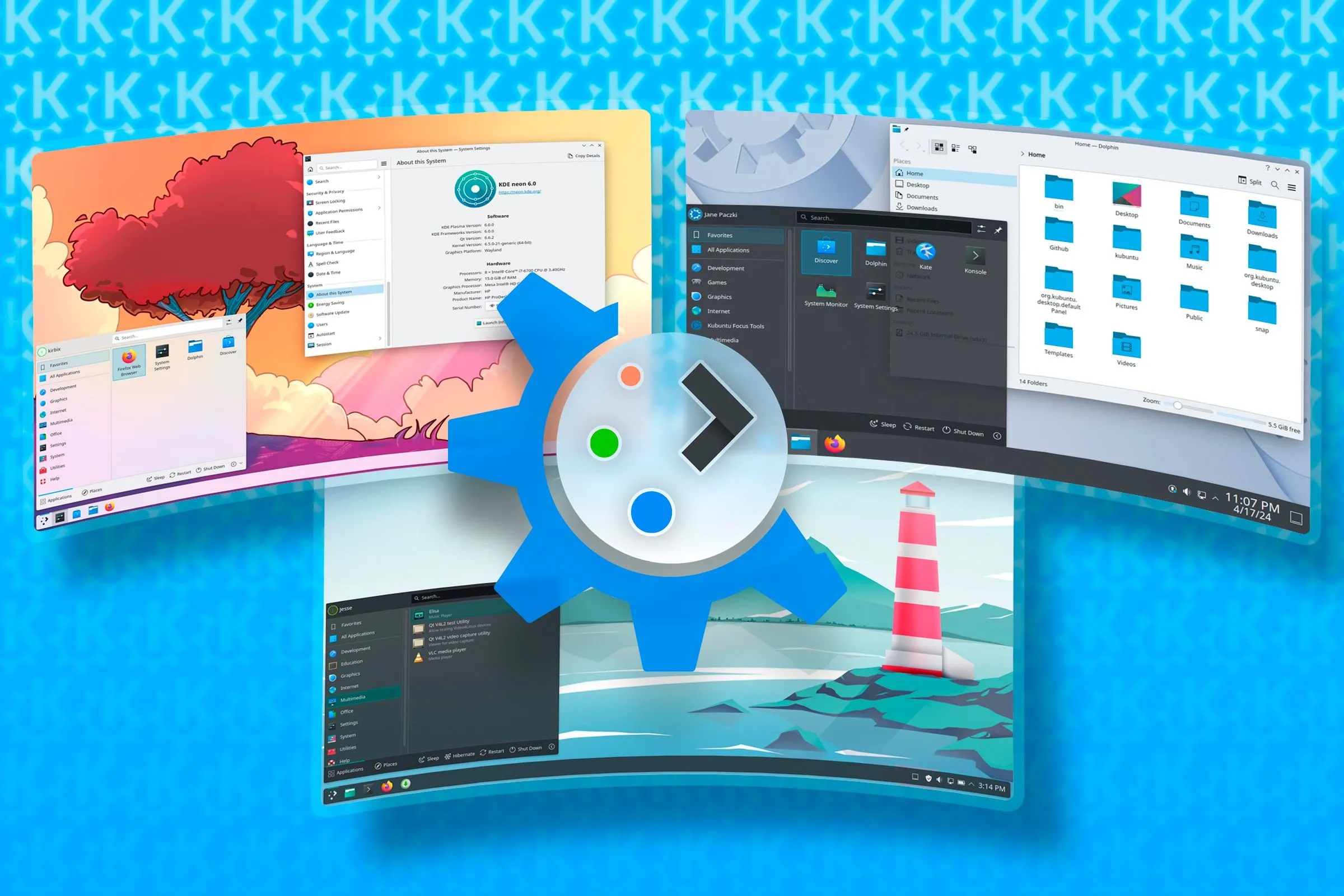 Logo KDE Plasma ở trung tâm với một số giao diện bản phân phối Linux ở phía sau