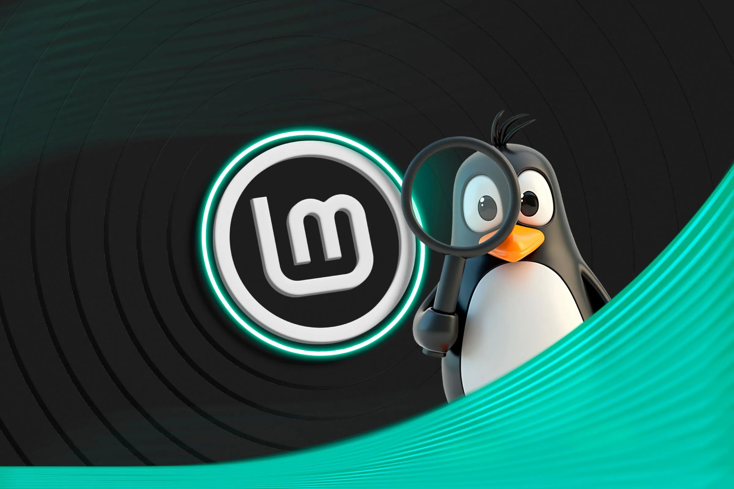 Logo Linux Mint và linh vật Linux cùng kính lúp, tượng trưng cho sự dễ tiếp cận của hệ điều hành.