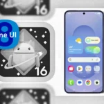 Logo One UI 8 và Android 16 đặt cạnh điện thoại Samsung Galaxy, minh họa bản cập nhật hệ điều hành mới nhất
