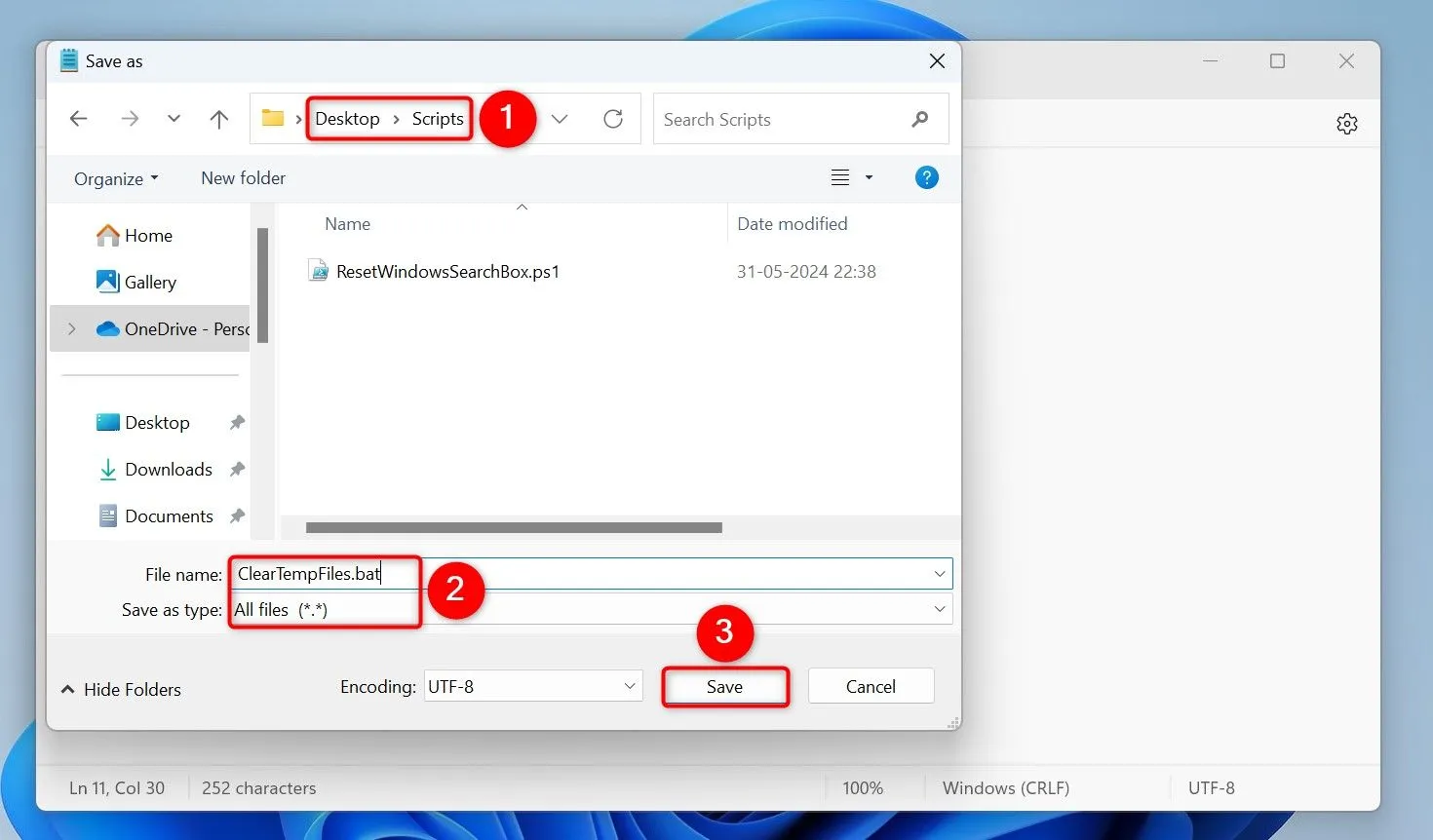 Lưu file script ClearTempFiles.bat trong Notepad với định dạng All Files