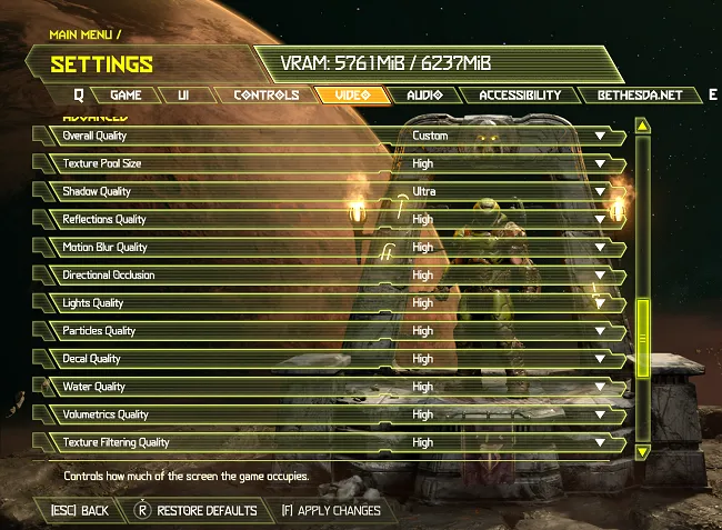Màn hình cài đặt đồ họa chi tiết trong một tựa game PC, cho phép người dùng tùy chỉnh hiệu ứng hình ảnh.