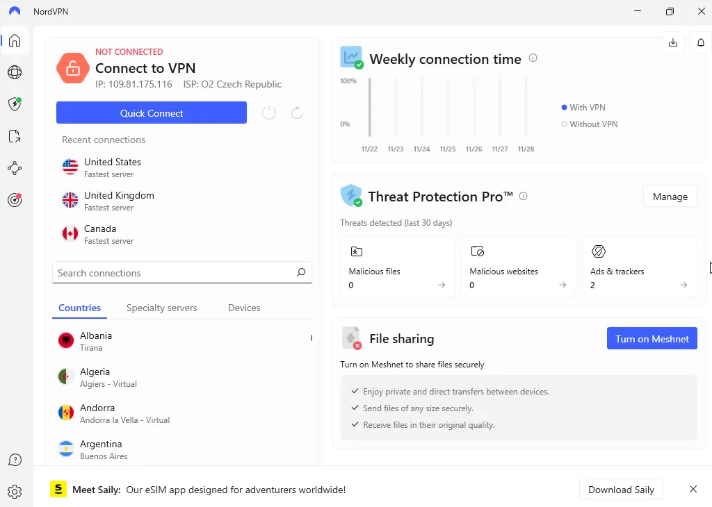 Màn hình chính của ứng dụng NordVPN trên Windows với nhiều tính năng tích hợp