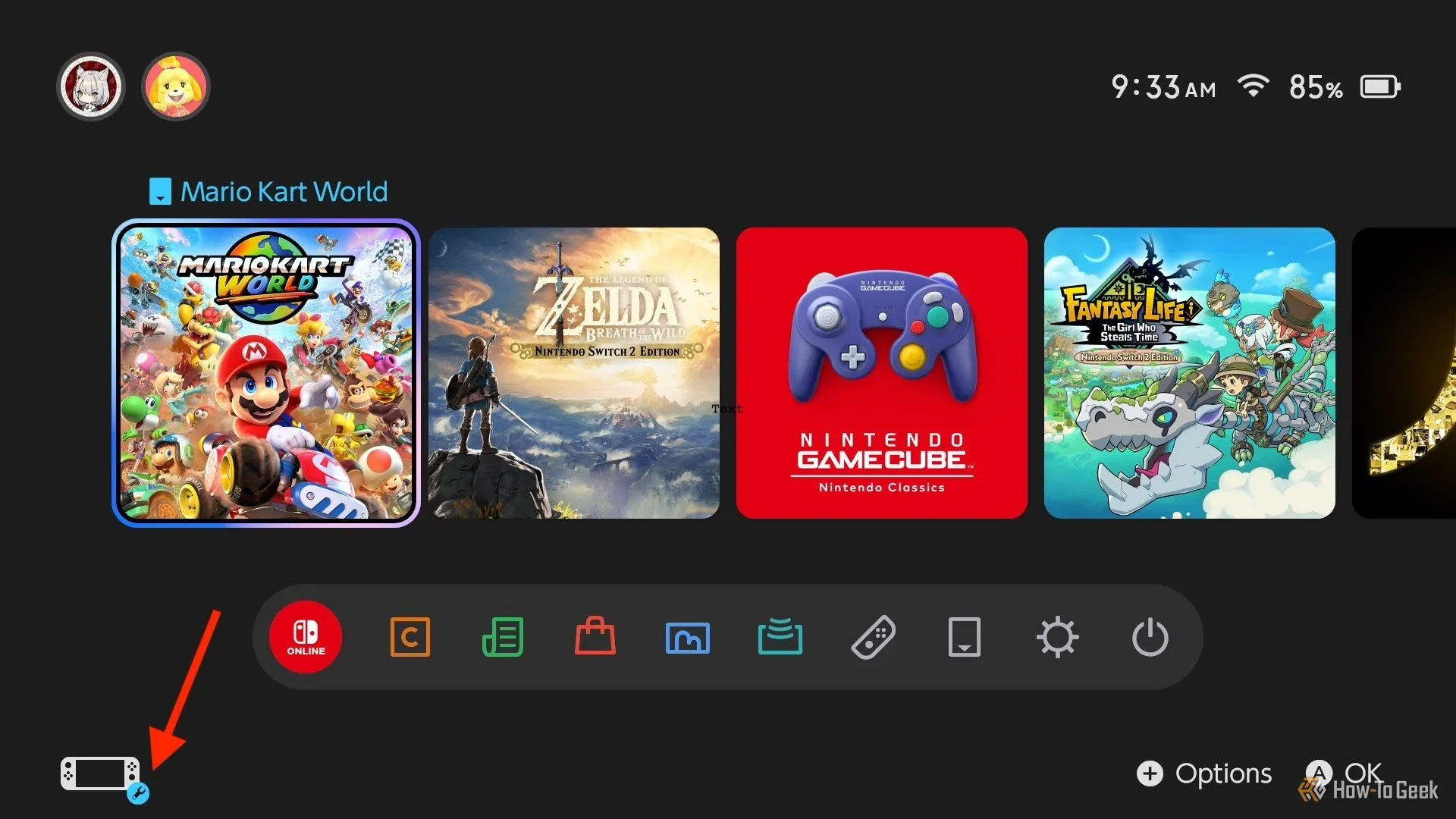 Màn hình chính Nintendo Switch 2 với biểu tượng cài đặt hệ thống hình chiếc cờ lê.