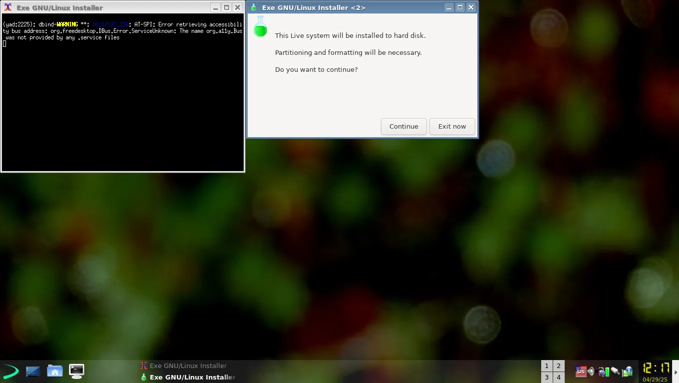 Màn hình chương trình cài đặt EXE GNU/Linux, nơi người dùng nhập thông tin hệ thống