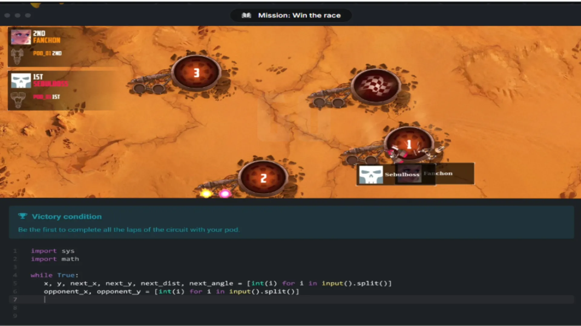 Màn hình CodinGame hiển thị các nhiệm vụ và bảng xếp hạng, nơi người chơi giải quyết các vấn đề lập trình phức tạp.