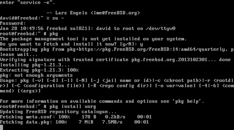 Màn hình console FreeBSD hiển thị quá trình cài đặt gói Xorg bằng lệnh pkg