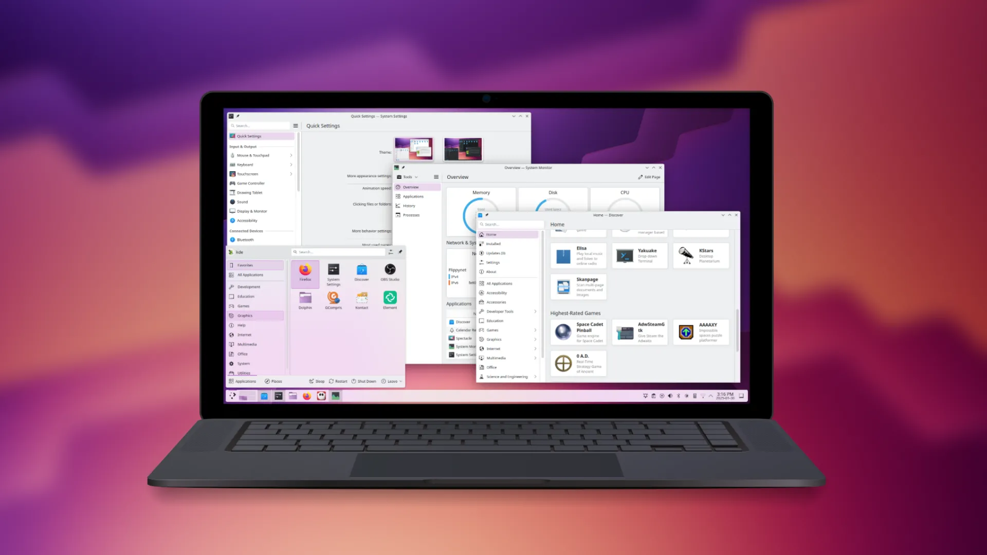Màn hình nền KDE Plasma trên máy tính xách tay với hình nền gradient tím vàng bắt mắt.