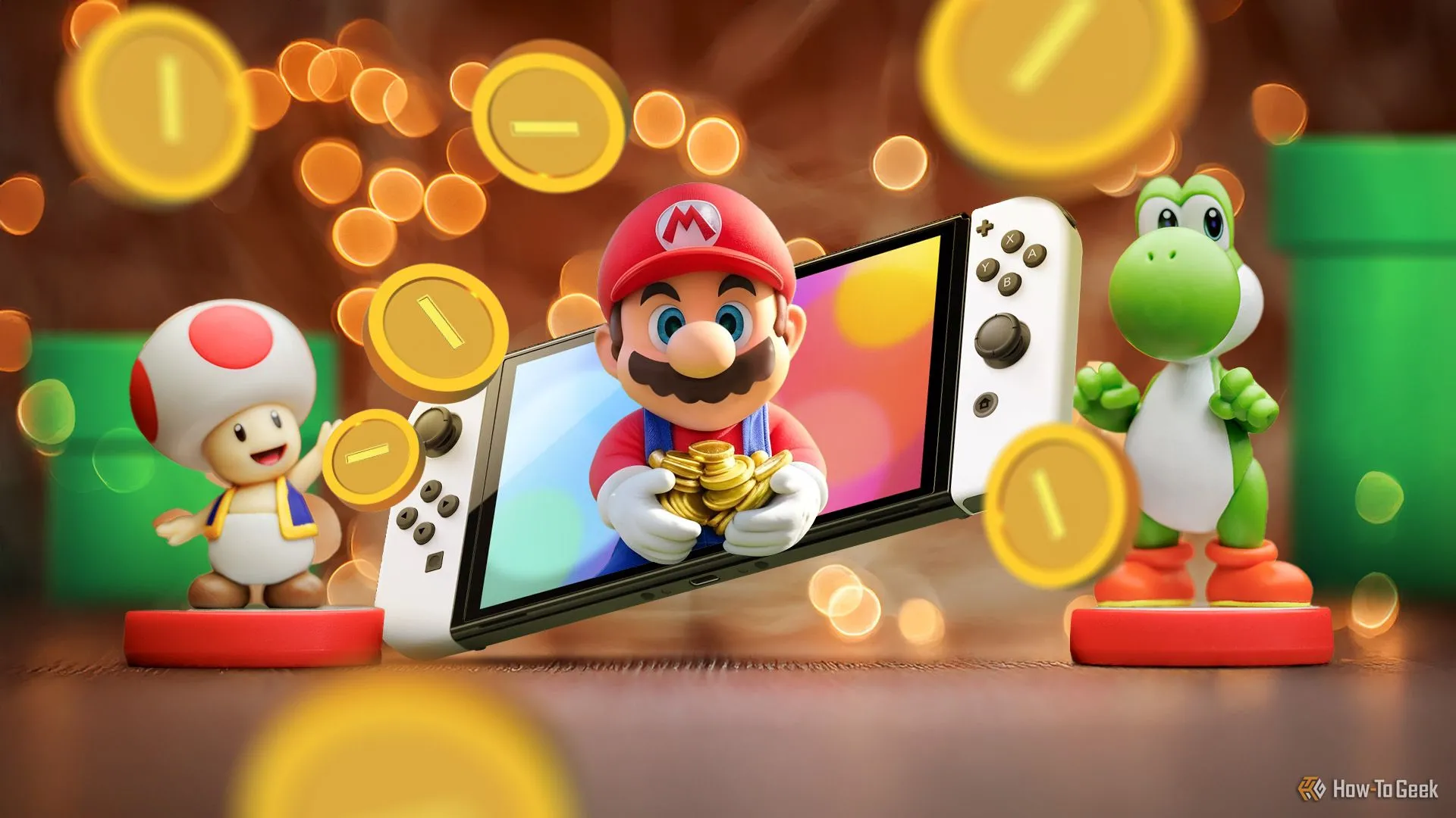 Màn hình Nintendo Switch hiển thị game Super Mario với các nhân vật quen thuộc và đồng xu, thể hiện thư viện game độc quyền chất lượng cao của Nintendo.