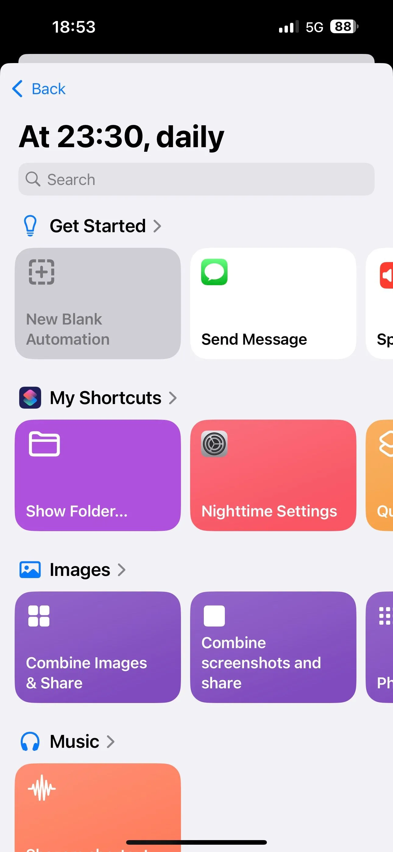 Màn hình Phím tắt để chọn hành động chính cho tự động hóa trên iPhone.