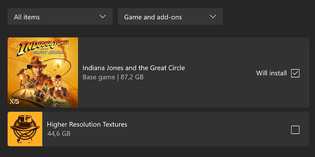 Màn hình quản lý nội dung game Indiana Jones trên Xbox, cho phép tắt tải gói texture HD