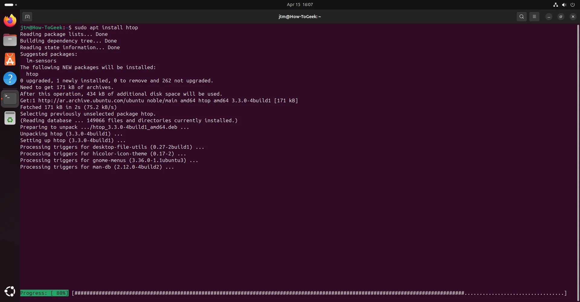 Màn hình terminal Ubuntu hiển thị quá trình cài đặt htop bằng lệnh apt