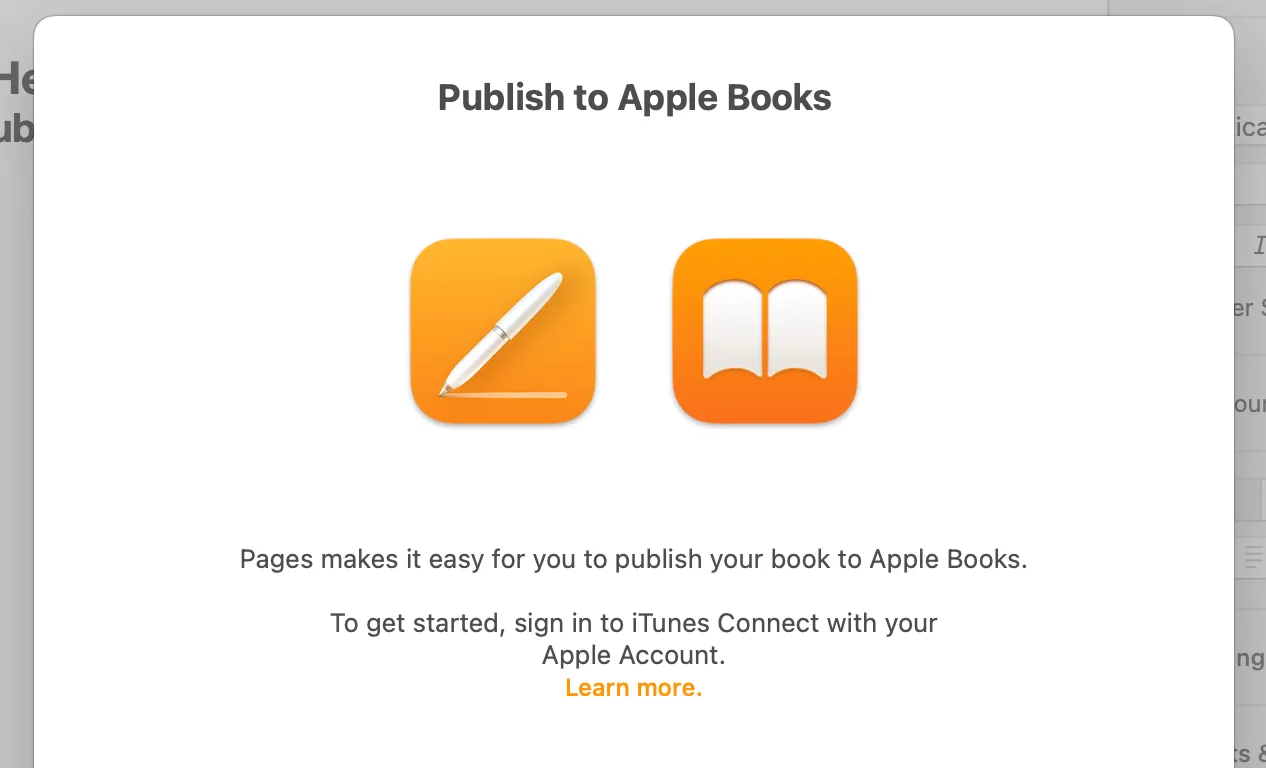 Màn hình tùy chọn xuất bản sách điện tử trực tiếp lên Apple Books từ ứng dụng Pages trên Mac.