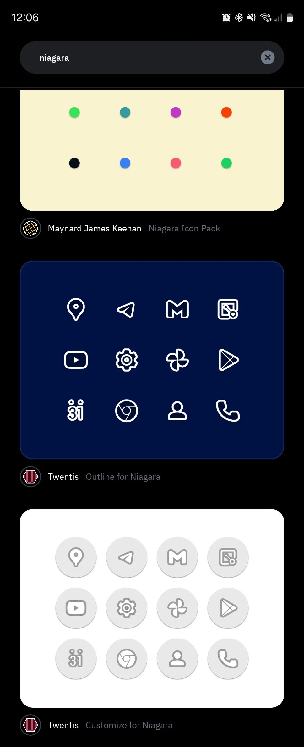 Màn hình ứng dụng Icon Pack Studio hiển thị thanh tìm kiếm chủ đề biểu tượng