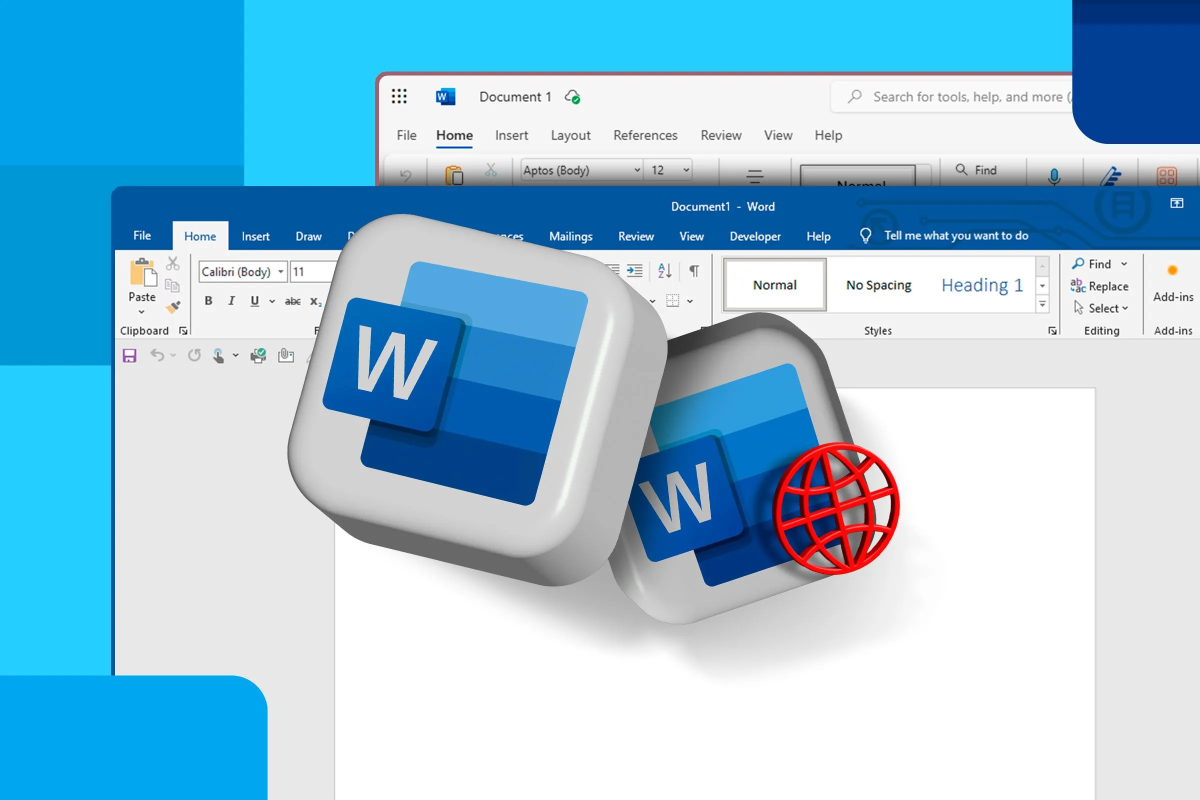 Màn hình ứng dụng Microsoft Word phiên bản desktop và online hiển thị logo Word.