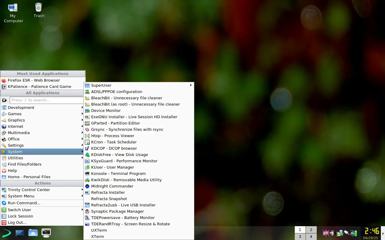 Menu tiện ích hệ thống của EXE GNU/Linux trong môi trường Trinity, hiển thị các công cụ bảo trì