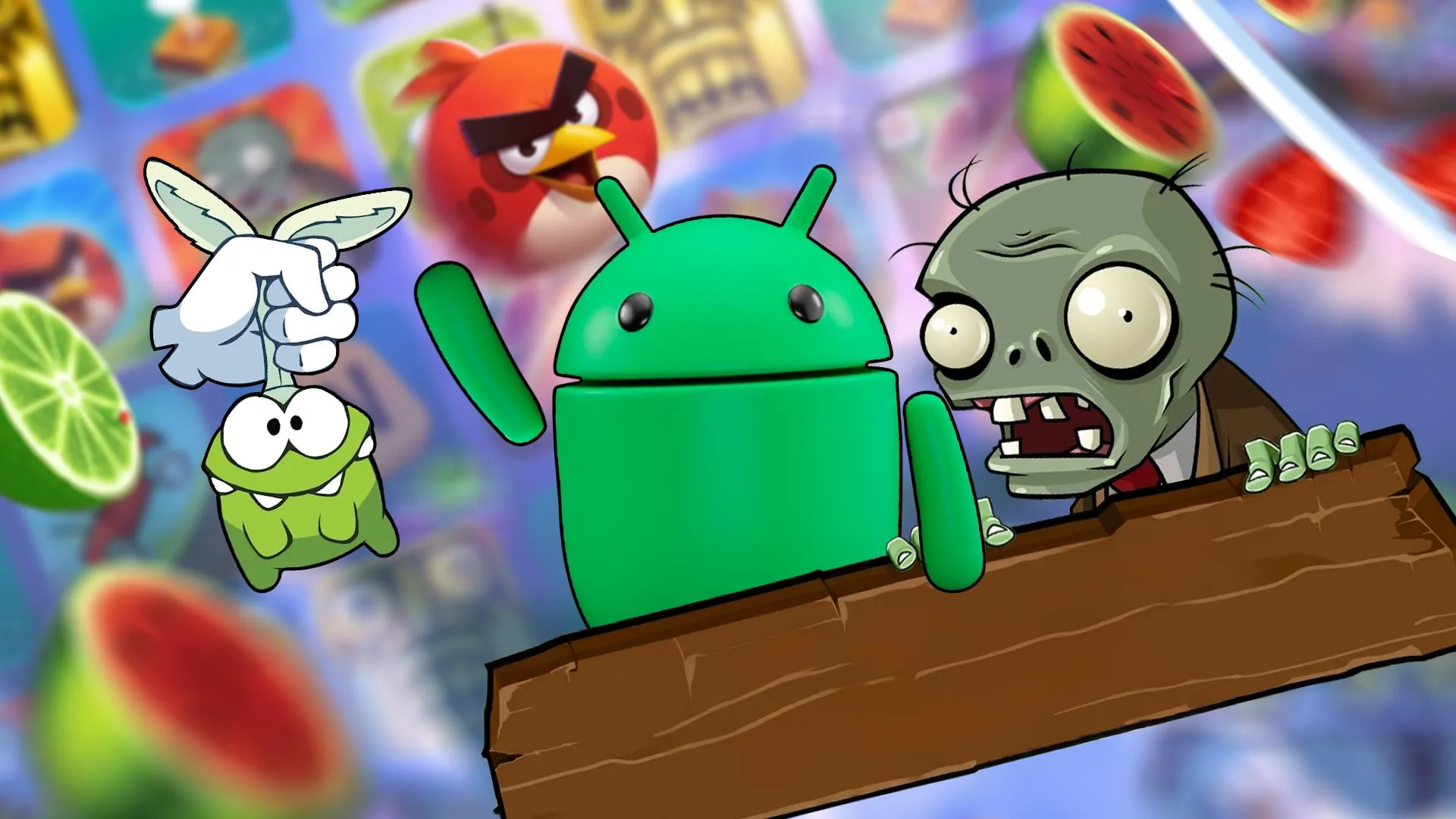 Minh họa các nhân vật game di động nổi tiếng, với linh vật Android ở trung tâm