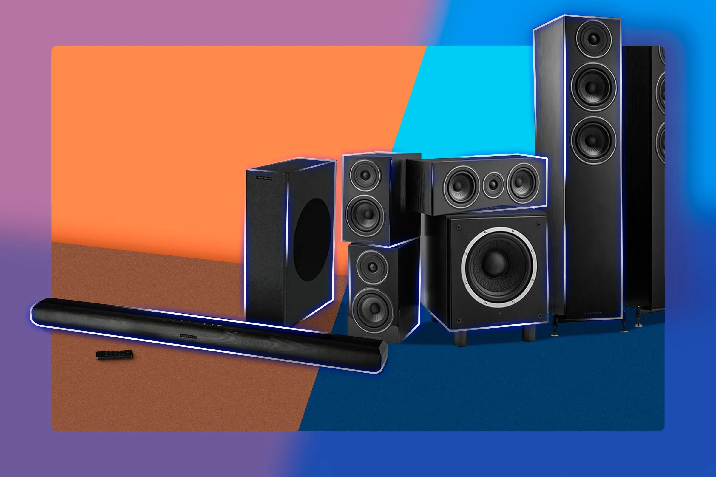 Minh họa so sánh loa soundbar (trái) và hệ thống âm thanh rạp chiếu phim tại nhà (phải), gợi ý giải pháp âm thanh chất lượng cho trải nghiệm chơi game trên TV.