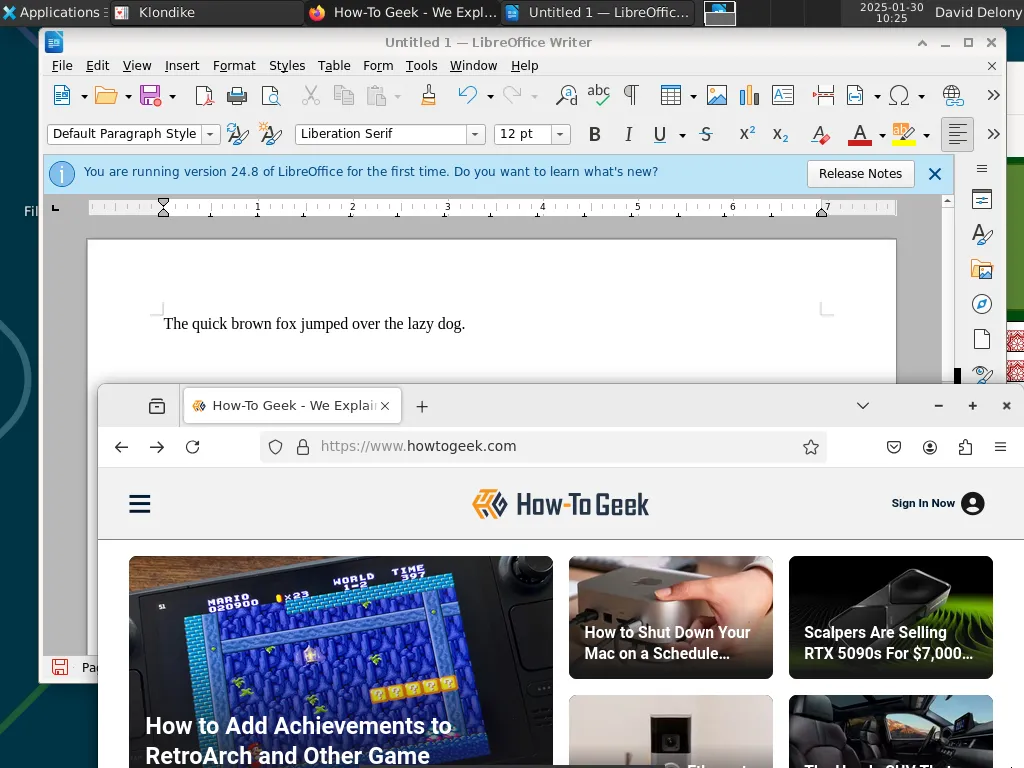 Môi trường desktop Xfce trên FreeBSD hiển thị trình duyệt Firefox, LibreOffice Writer và game Aisleriot