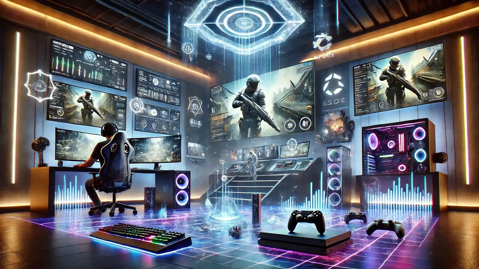 Một căn phòng gaming tương lai với màn hình, console, loa, PC và bàn phím rực rỡ ánh đèn neon, thể hiện sự đa dạng của các nền tảng giải trí.