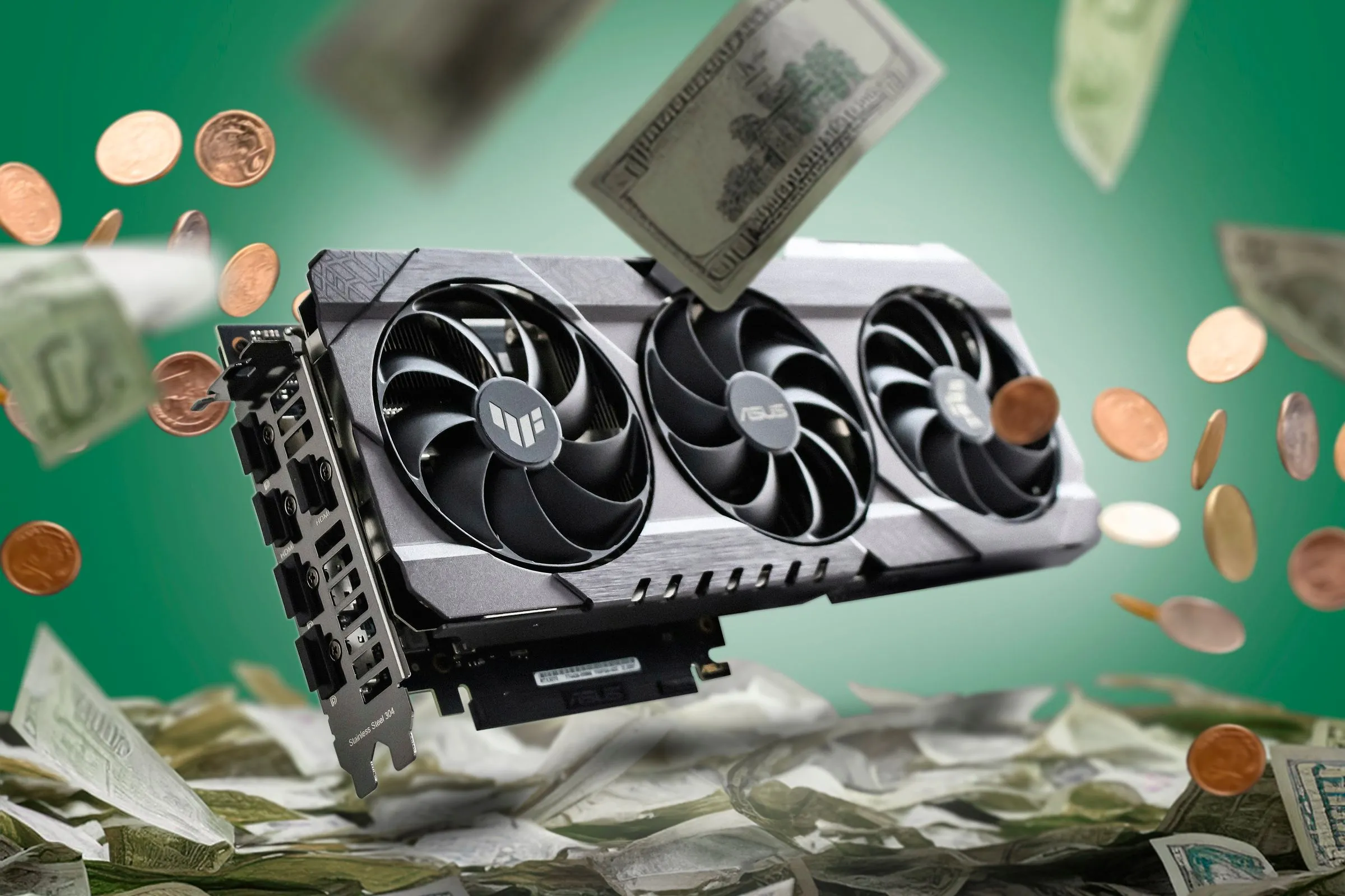 Một chiếc card đồ họa được đặt giữa đống tiền mặt, minh họa cho chi phí cao của linh kiện này.