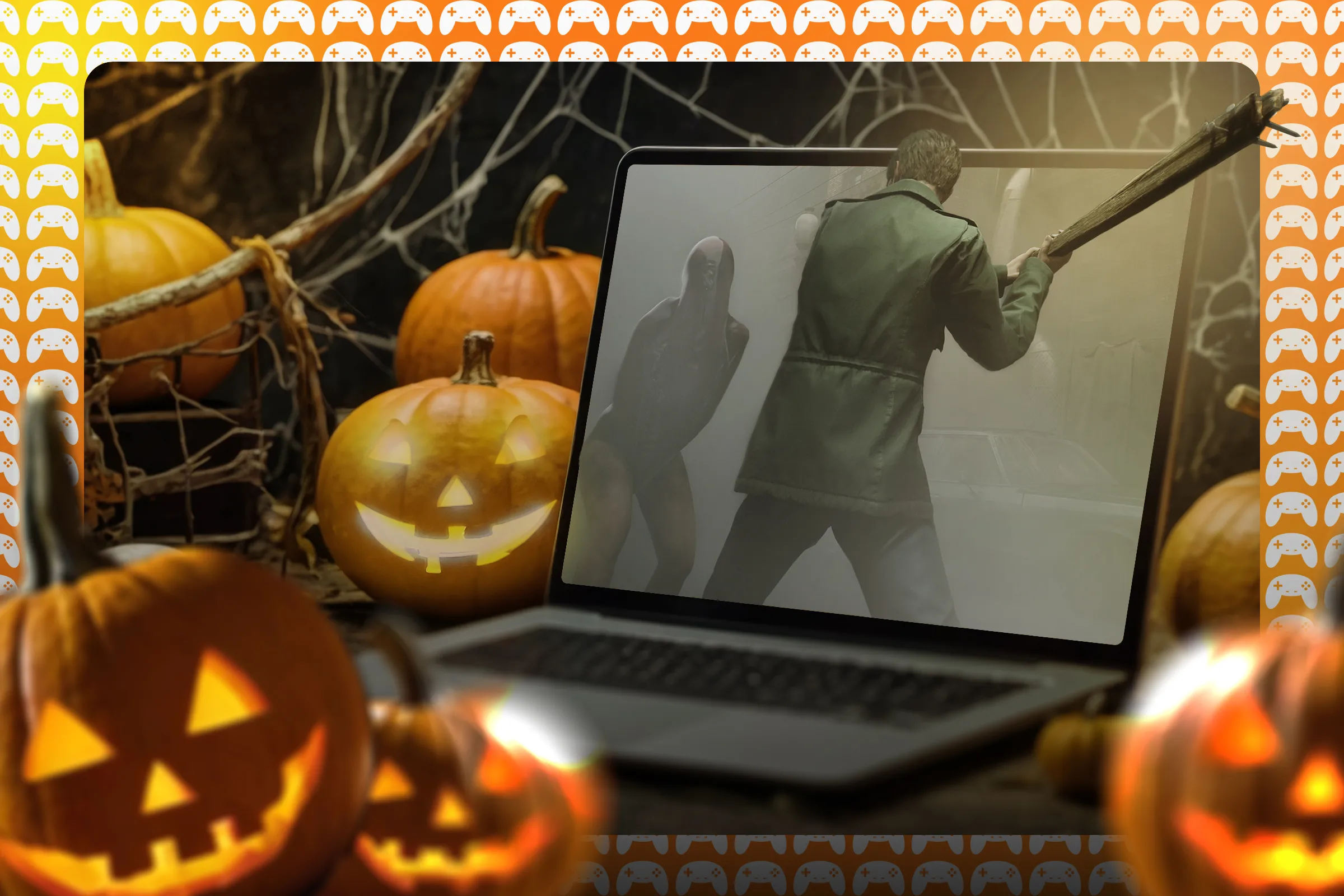 Một chiếc laptop chơi game kinh dị Silent Hill 2 trên bàn trang trí Halloween