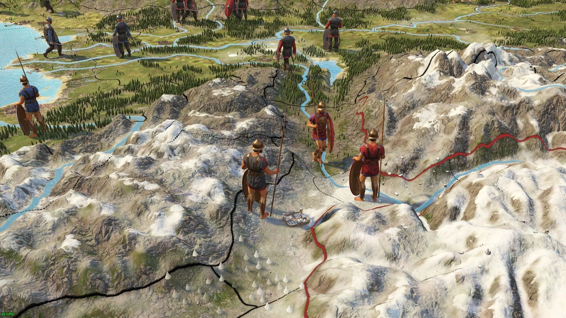 Một đặc vụ đang đi bộ đến gặp một đặc vụ khác trên đồi trong Imperator: Rome, thể hiện yếu tố chiến lược và chính trị.