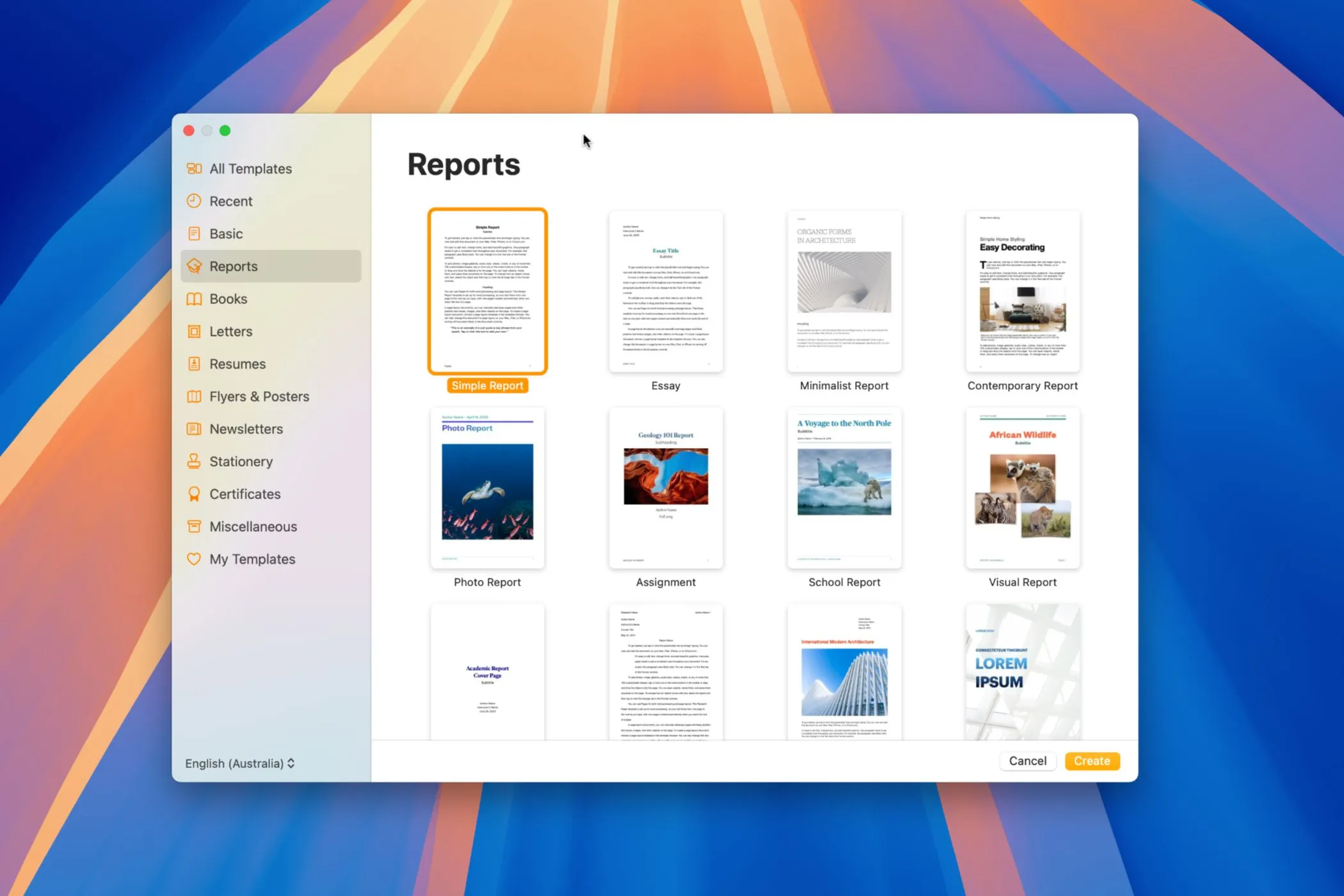 Một loạt các mẫu template được tích hợp sẵn trong ứng dụng Apple Pages.