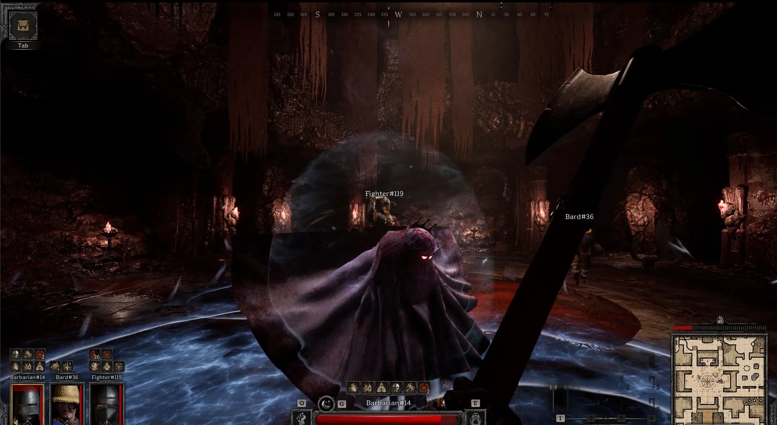 Một nhóm ba người chơi đang đối mặt với trùm trong hầm ngục của game Dark and Darker, một tựa game nhập vai phiêu lưu kiểu extraction shooter.
