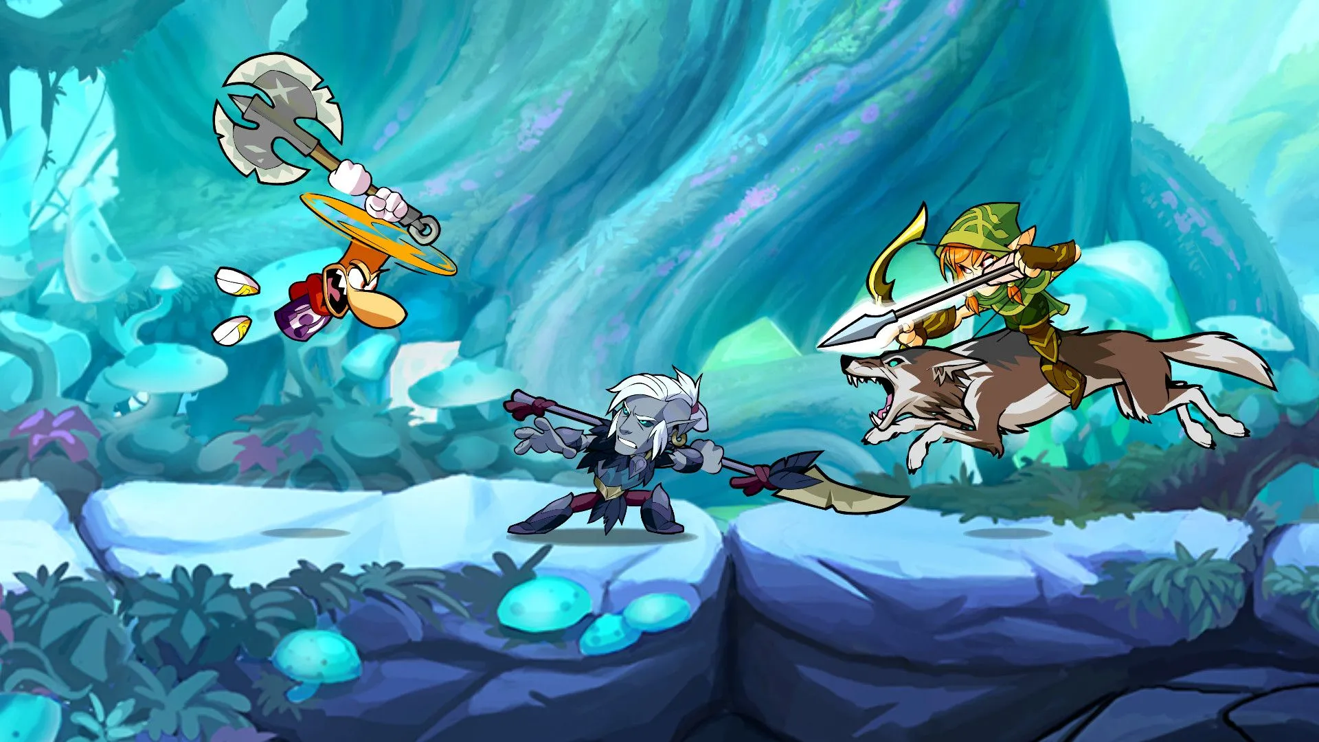 Một pha hành động trong trận đấu game đối kháng Brawlhalla, với các nhân vật đang chiến đấu trên nền tảng, tương tự Super Smash Bros.