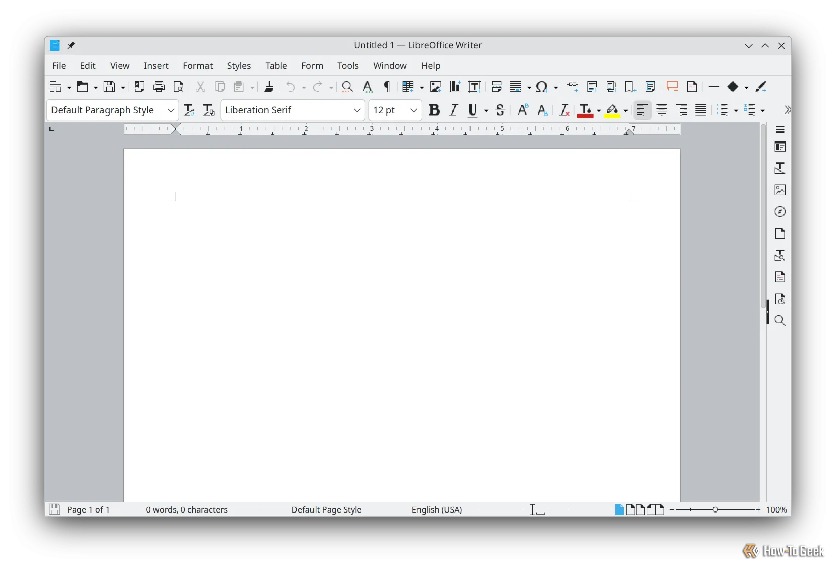 Một tài liệu trống trong LibreOffice Writer, minh họa giao diện đơn giản.