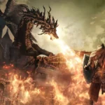Người chơi Dark Souls 3 với tạo hình nhân vật độc đáo đang chiến đấu với rồng trong một hầm ngục u ám, thể hiện sự tương phản hài hước.