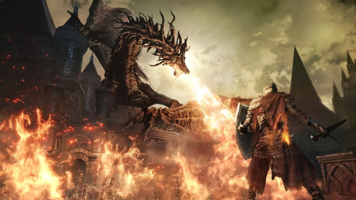 Người chơi Dark Souls 3 với tạo hình nhân vật độc đáo đang chiến đấu với rồng trong một hầm ngục u ám, thể hiện sự tương phản hài hước.
