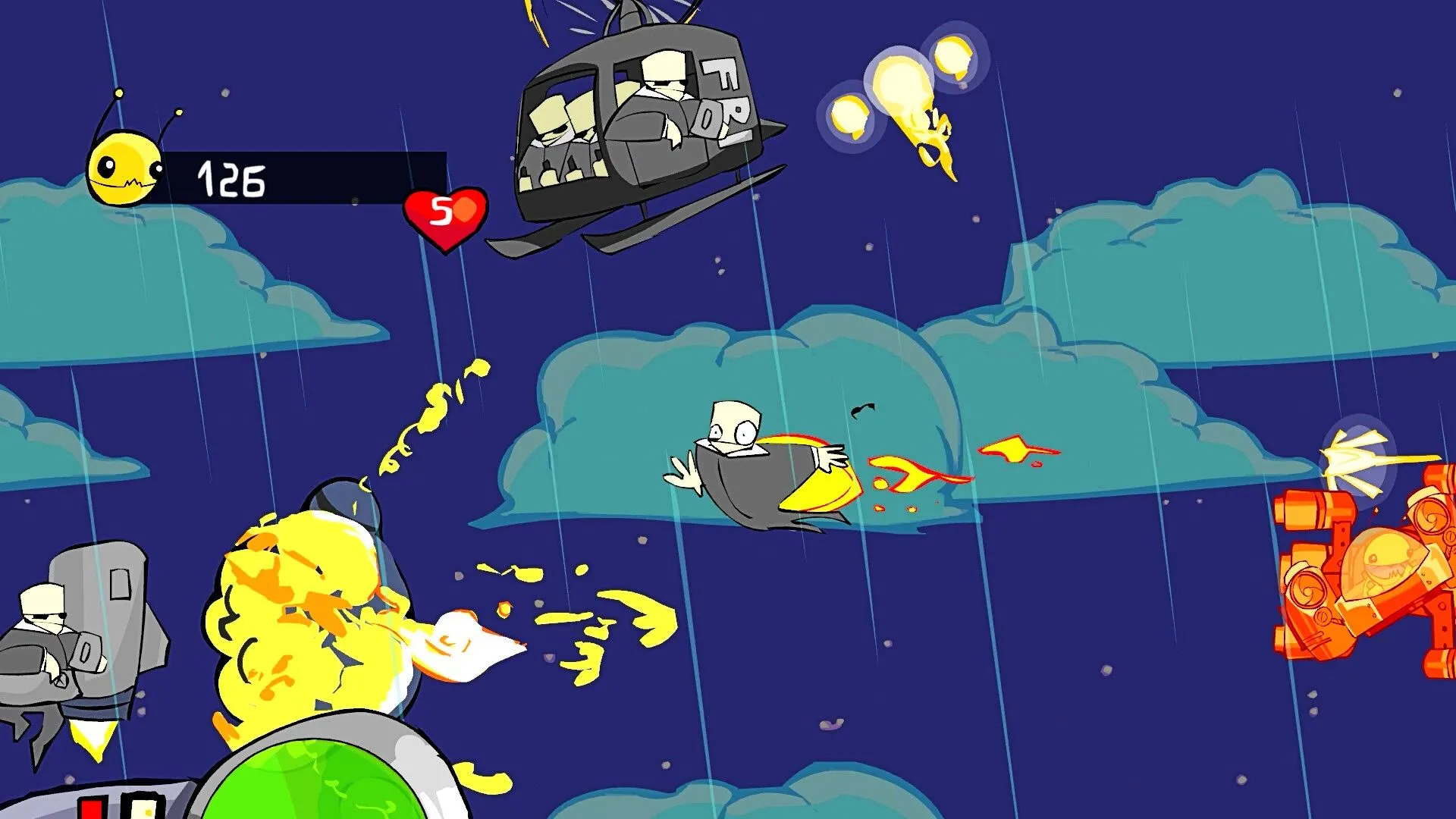 Người chơi điều khiển nhân vật người ngoài hành tinh phá hủy trực thăng của FBI trong game Alien Hominid.