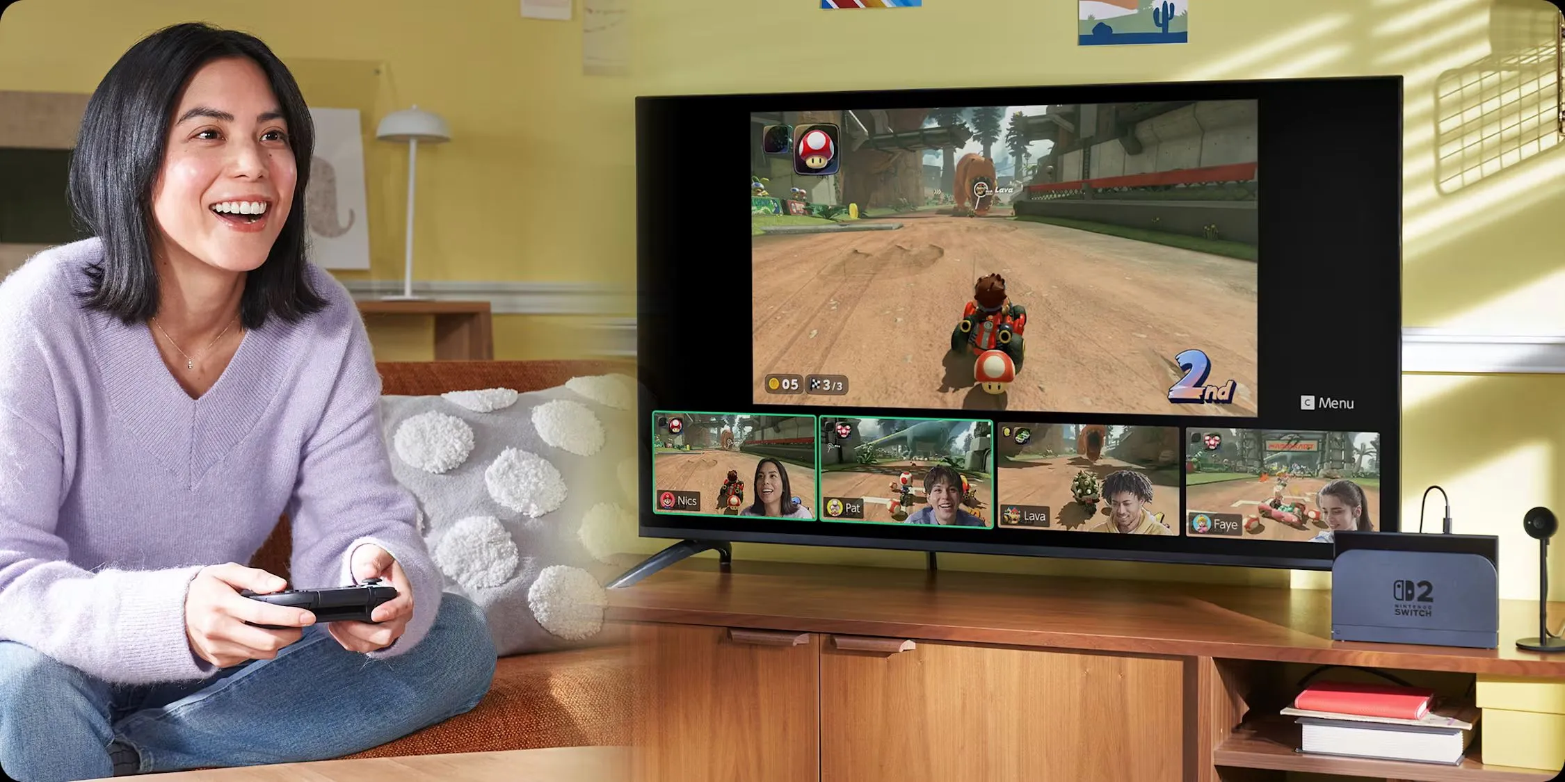 Người chơi sử dụng tính năng GameChat trên Nintendo Switch 2 khi đang chơi game Mario Kart World