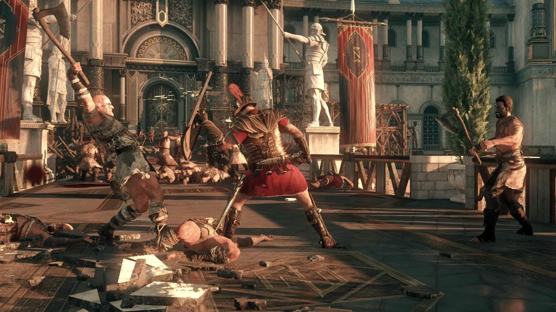 Người chơi trong vai trò chiến binh La Mã đang chặn đòn tấn công từ đối thủ trong Ryse: Son of Rome, nhấn mạnh đồ họa và lối chơi hành động.