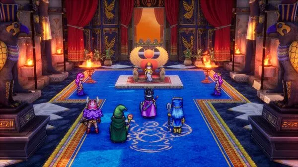Người hùng và nhóm bạn trong cung điện theo phong cách Ai Cập trong phiên bản Dragon Quest III HD-2D Remake, minh họa đồ họa 2D đẹp mắt.