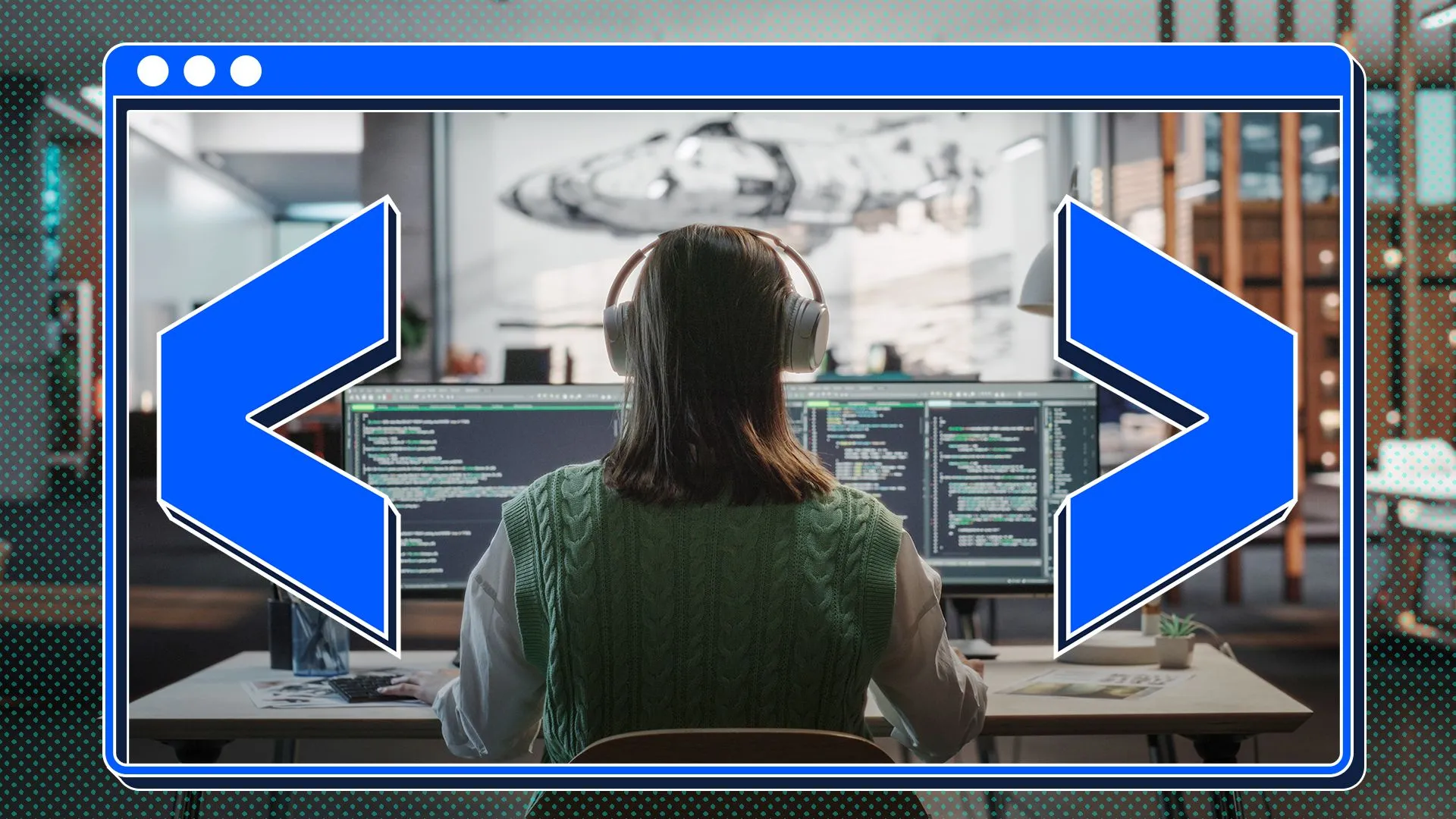 Người phụ nữ đang lập trình trên máy tính với các ký hiệu code xung quanh, biểu trưng cho việc học lập trình với Kinect.