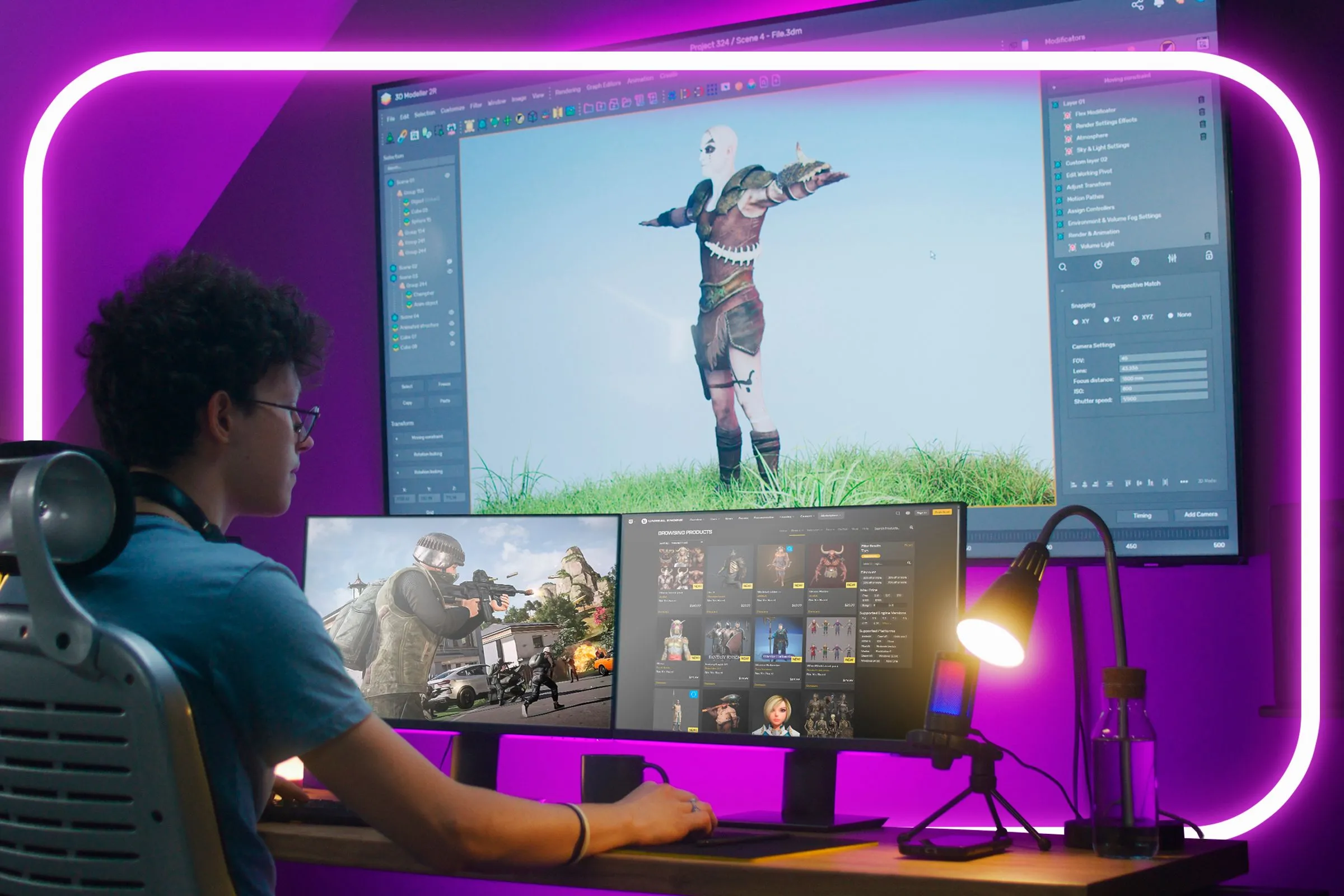 Nhà thiết kế game đang làm việc với ba màn hình, một màn hình hiển thị mô hình 3D nhân vật, một màn hình hiển thị cảnh game và một màn hình hiển thị Unreal Marketplace, thể hiện quy trình tạo game nhanh chóng, đôi khi dẫn đến hiện tượng asset flip.