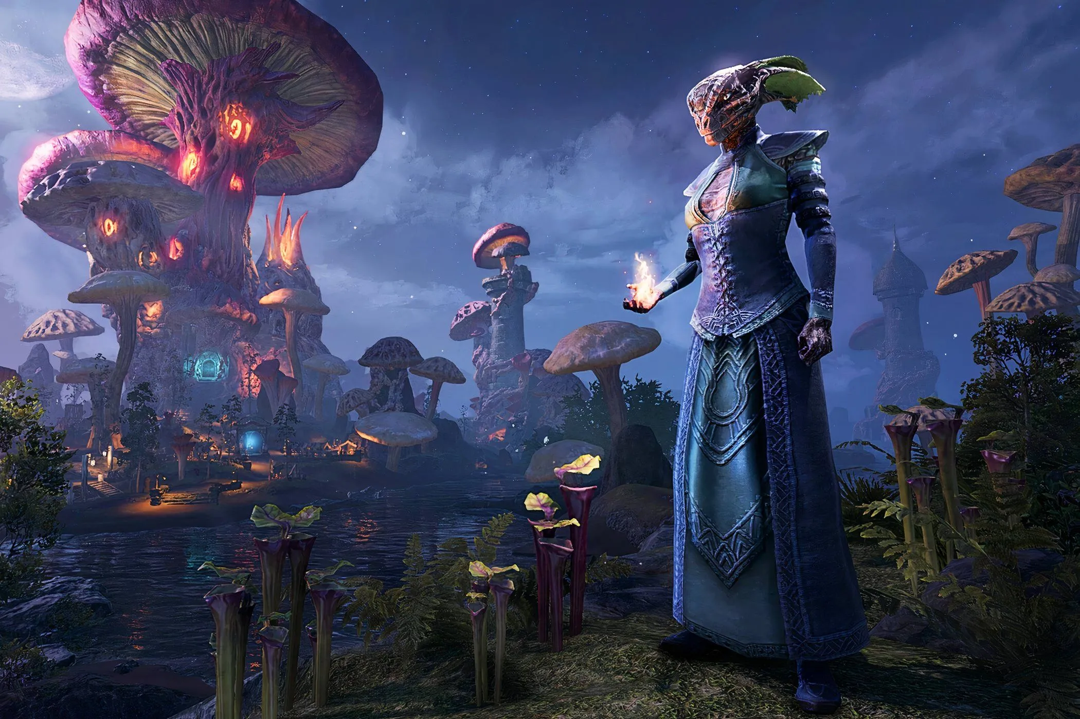 Nhân vật Argonian sử dụng phép thuật lửa trong khung cảnh thành phố của Elder Scrolls Online, một ví dụ về game nhập vai trực tuyến.
