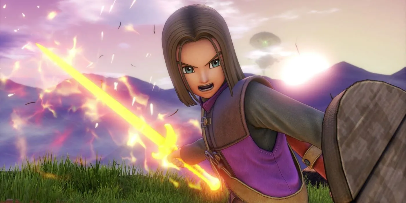 Nhân vật chính Luminary trong Dragon Quest XI S với thanh kiếm lửa, thể hiện tư thế tấn công trong game nhập vai cổ điển.