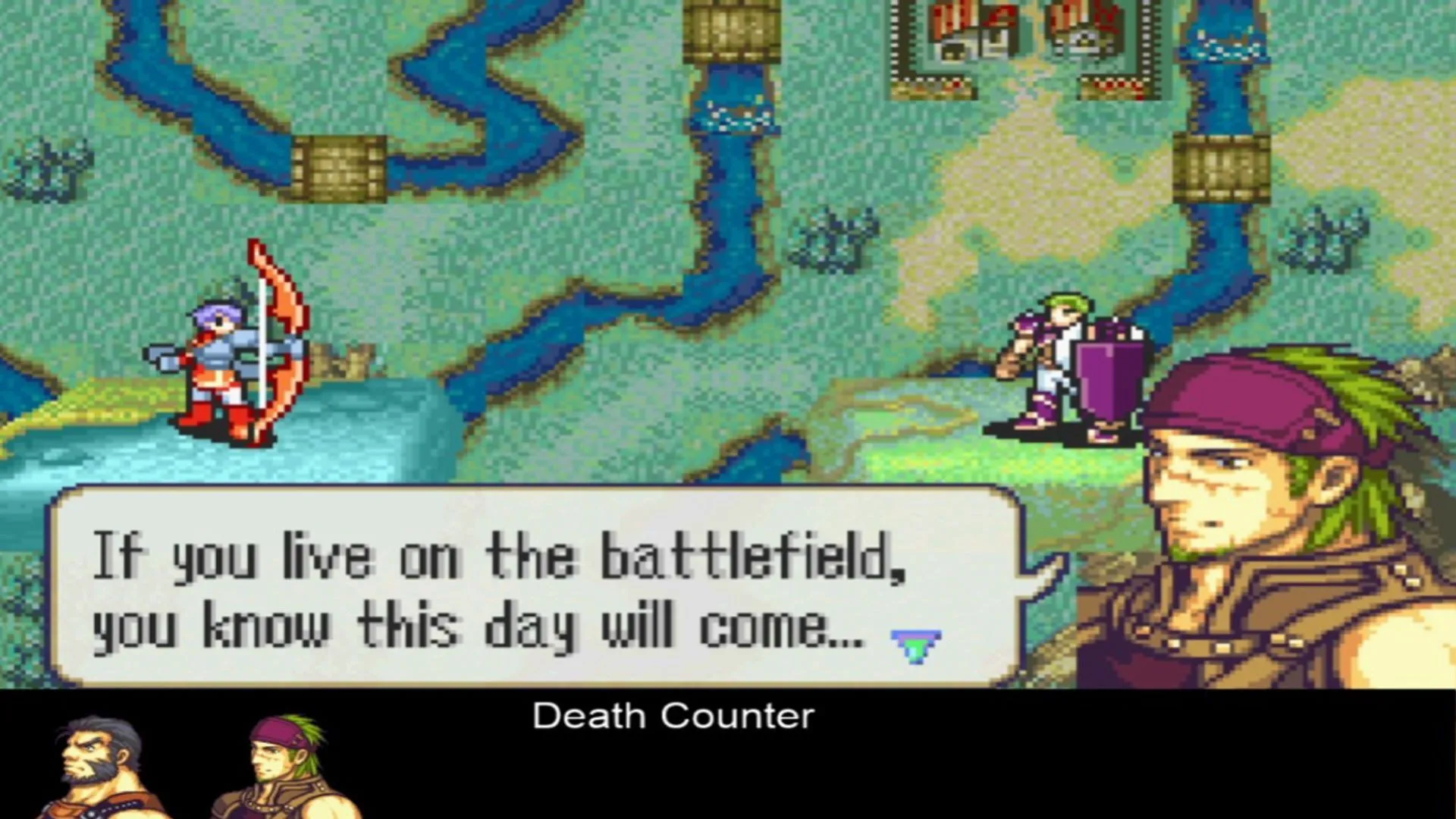 Nhân vật Gerik gục ngã trong trận chiến Fire Emblem: The Sacred Stones, minh họa cho quy tắc mất vĩnh viễn trong Iron Man run.