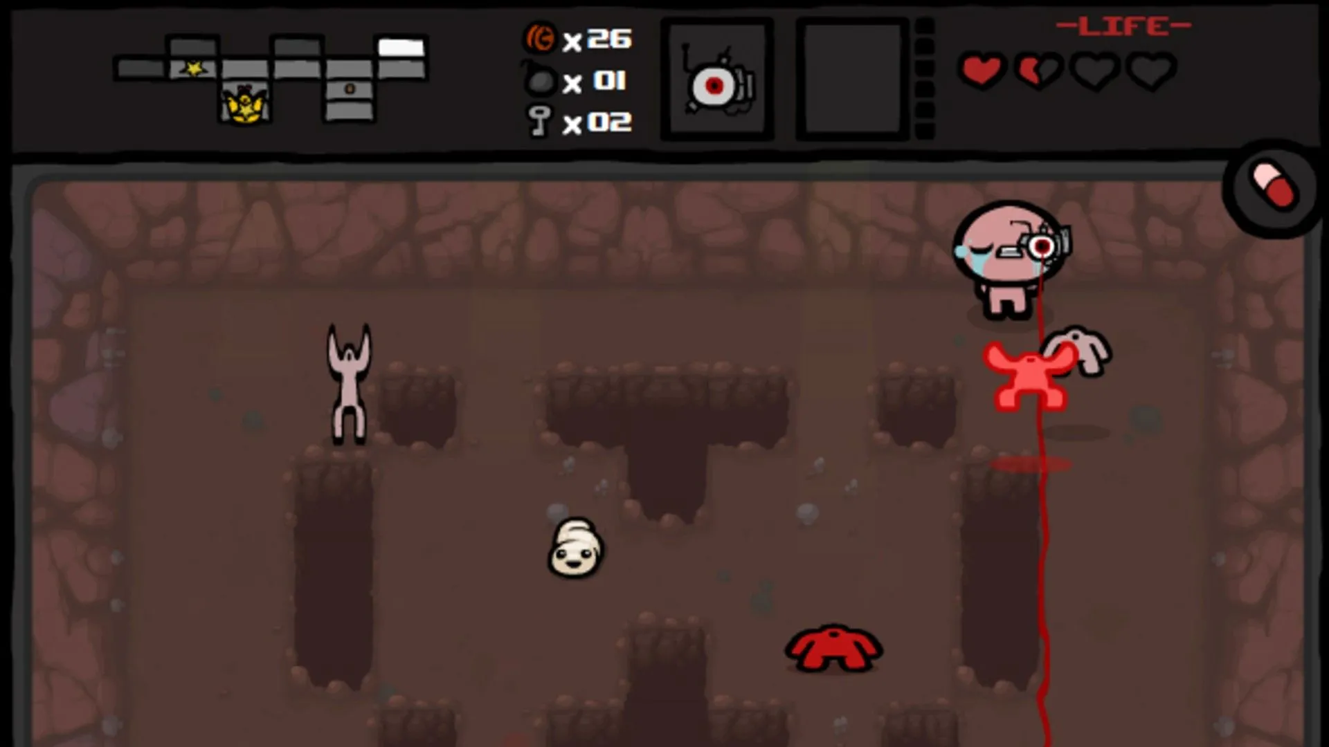 Nhân vật Isaac với đôi mắt laze đang tấn công kẻ thù trong tựa game The Binding of Isaac.