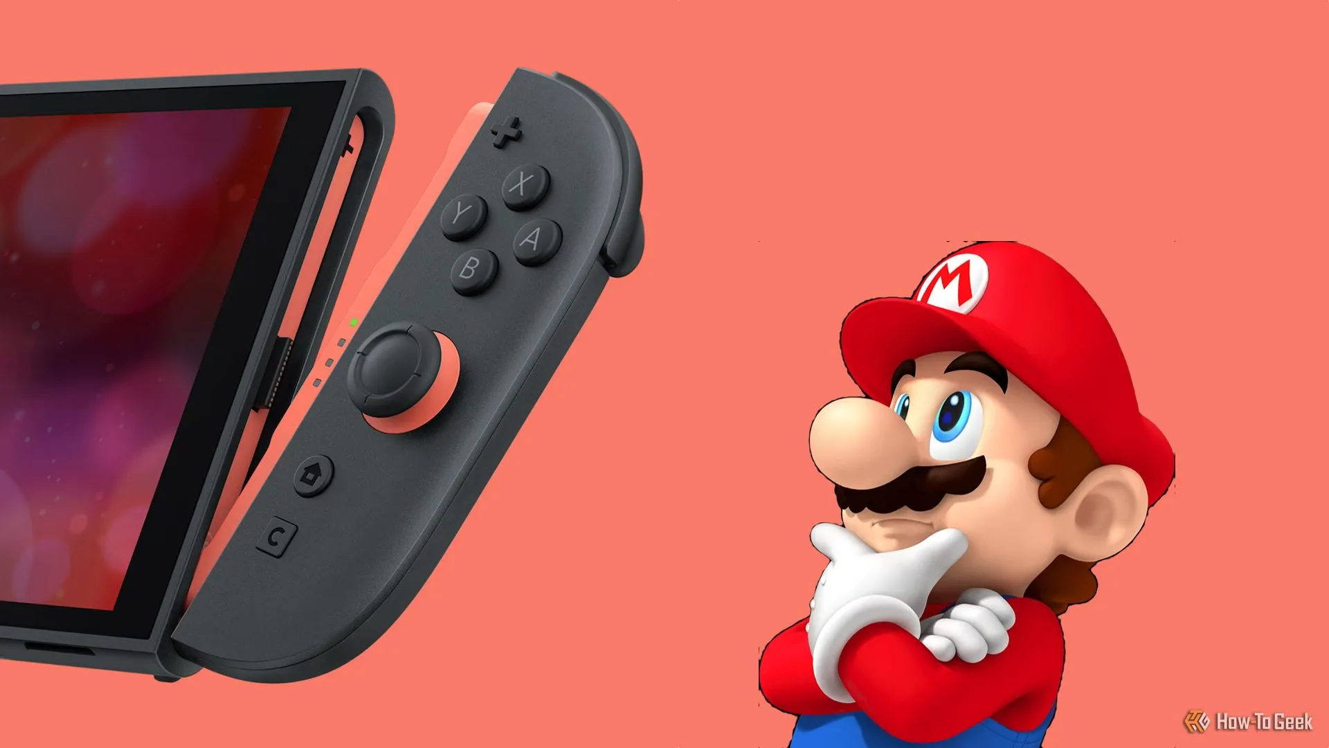 Nhân vật Mario đang nhìn và suy ngẫm về chiếc máy chơi game Nintendo Switch 2, thể hiện sự tò mò về khả năng tương thích ngược.