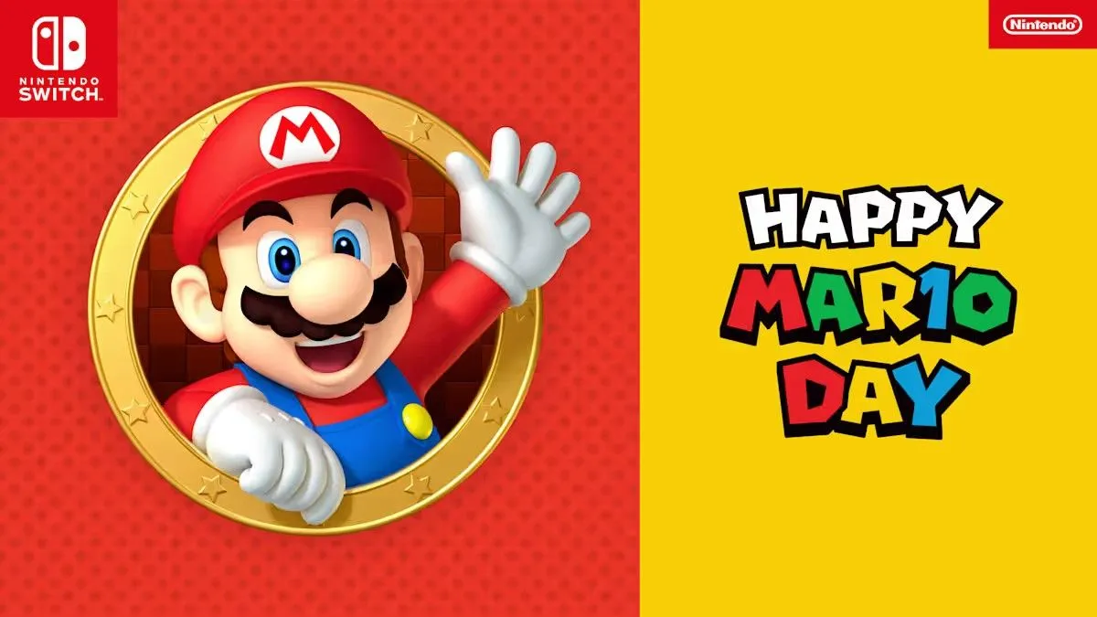 Nhân vật Mario vui vẻ bước ra từ vòng tròn biểu tượng Nintendo